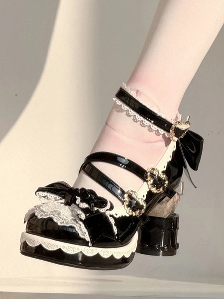High Sweet Black Lace Bow Lolita Heel Cake-shaped Platform - Embellishments Heels with Edging FashionChic