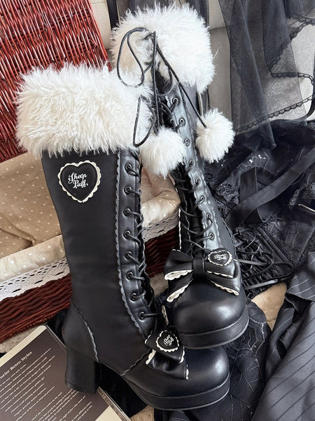 PU Plush Collar with Lolita Design Boots Heeled Black - Sweet FashionChic