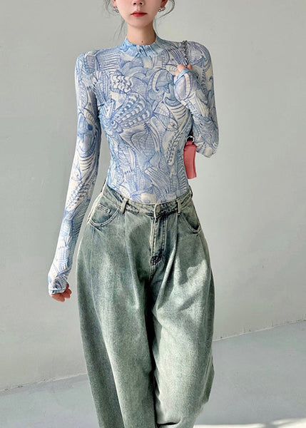 Original Design Blue Half High Neck Print Tulle T Shirts Fall AN1022 Genistyle Shop