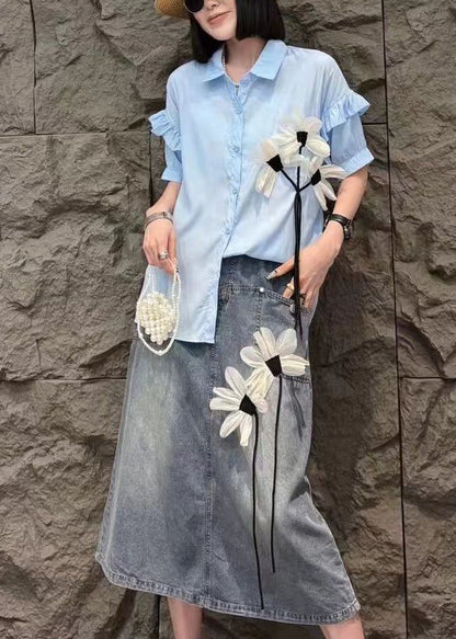 Modern White Peter Pan Collar Floral Shirts And Denim Skirts Two Pieces Set Short Sleeve AN1005 Genistyle Shop