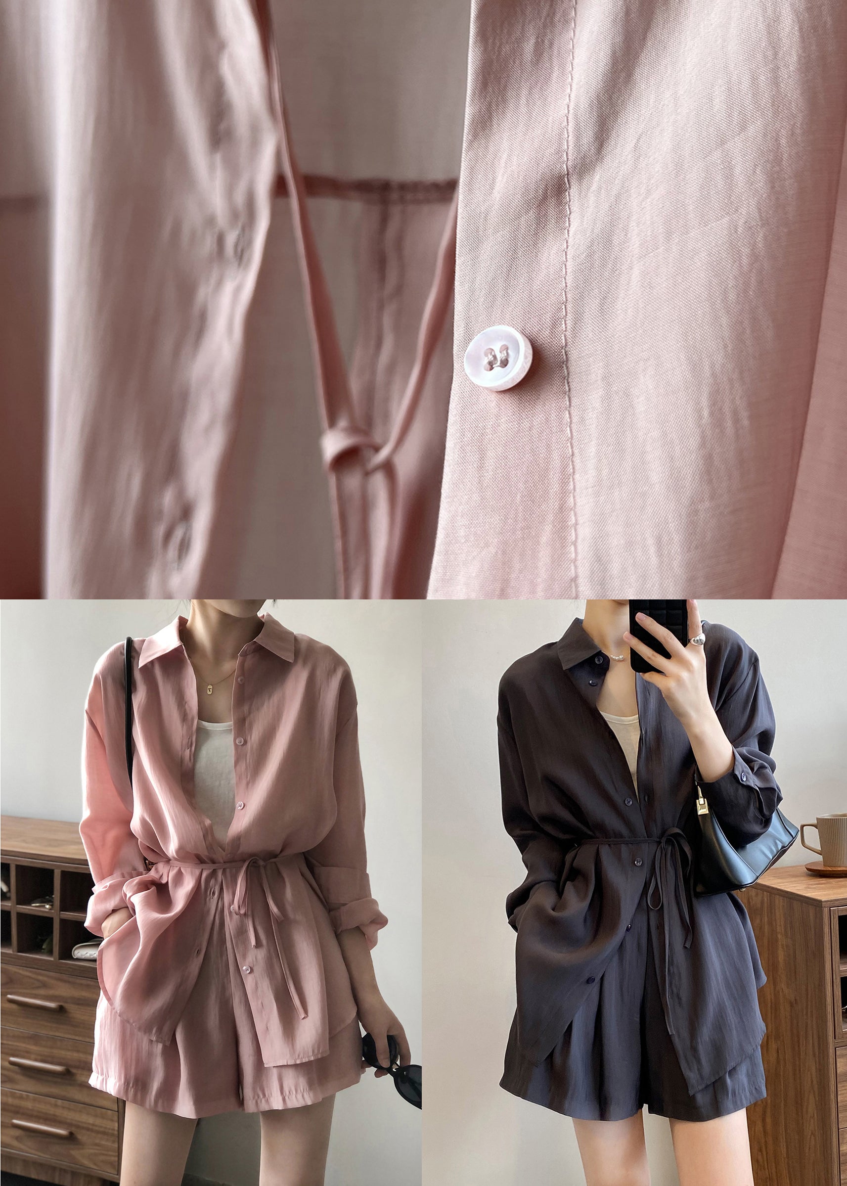 Pieces Shorts Up Lace Two Set Shirts Silk Pockets Pink And Loose FashionChic