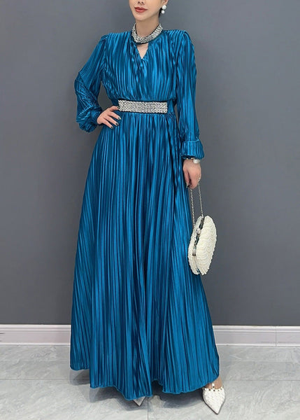 Elegant Blue V Neck Wrinkled Maxi Dress Long Sleeve AO1037 JDML-FDL240909