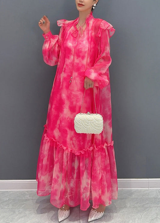 Style Red Stand Collar Ruffled Print Chiffon Maxi Dress Long Sleeve AO1025 JDML-FDL240909