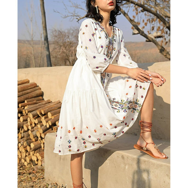 Boho White V-neck Floral Embroidery Lace-up Three-quarter Sleeves Dress AR1020 shopify