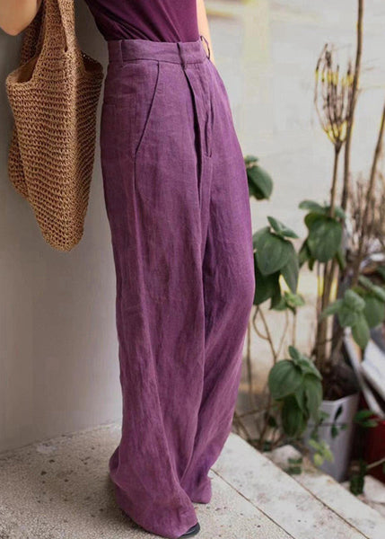 Organic Purple Pockets High Waist Linen Wide Leg Pants Fall AN1019 Genistyle Shop