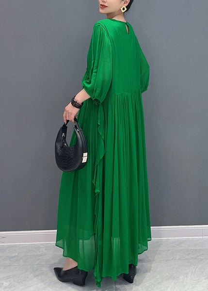 Handmade Green O-Neck Ruffled Wrinkled Vacation Chiffon Maxi Dresses Lantern Sleeve AO1027 JDML-FDL240909