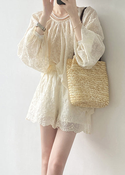 Spring Embroidered And Shorts Set Tops Two Piece Beige Art Cotton FashionChic