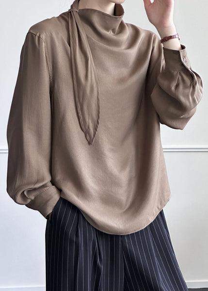 Coffee Solid Cotton Shirt Asymmetrical Fall AF1002 HS-LTP240914