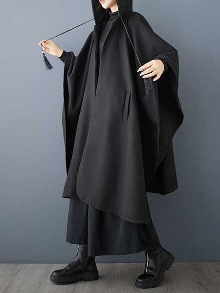 Stylish Black Hooded Drawstring Tasseled Pockets Zip-up Batwing Sleeve Trench Coat TW007 ABC