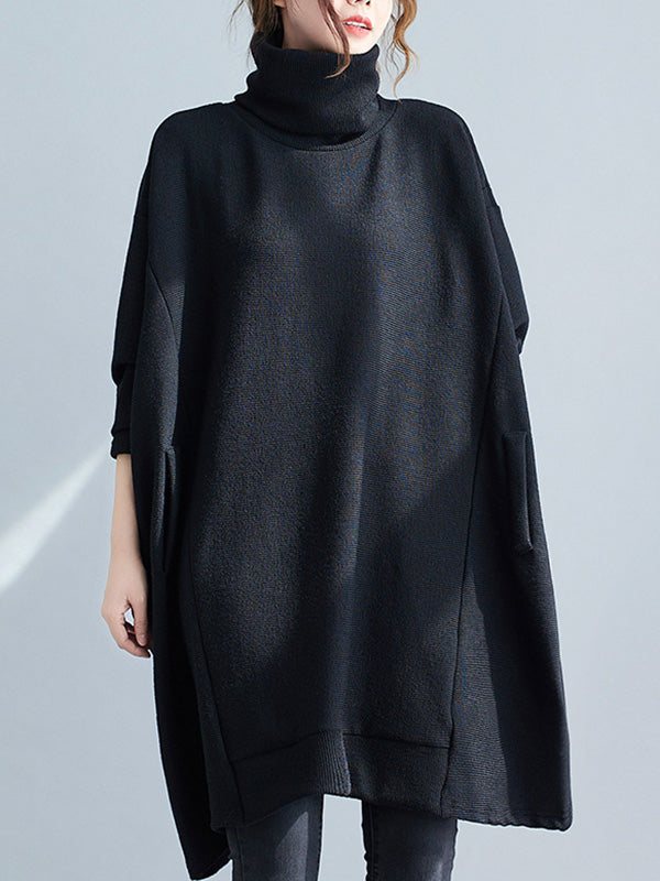 Casual Loose Black Heaps Collar Pockets A-line Long Sleeve Sweater AN1065 Genistyle Shop