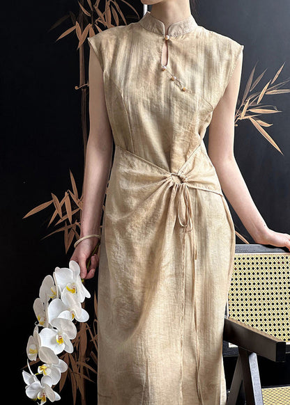 Khaki Drawstring Silk Cotton Long Dresses Stand Collar Sleeveless AF1031 HS-SDL240914