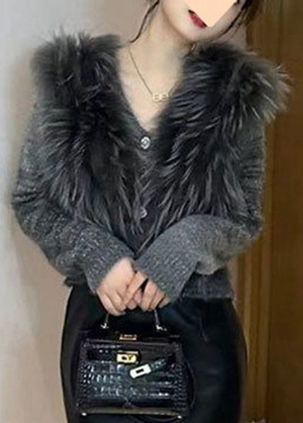 Art Grey V Neck Fur Collar Cotton Knit Sweater Winter WV027 ABC