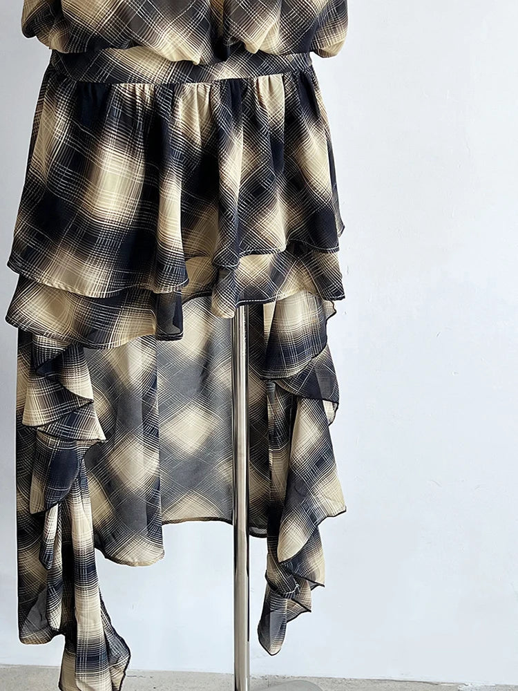 Asymmetric Khaki Plaid Neck Sleeveless Top High-Low Uniaue Halter FashionChic