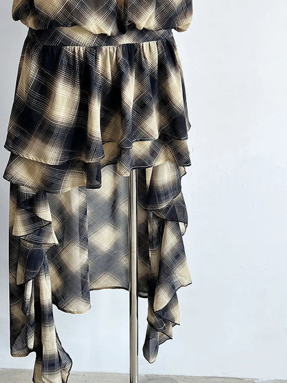 Asymmetric Khaki Plaid Neck Sleeveless Top High-Low Uniaue Halter FashionChic