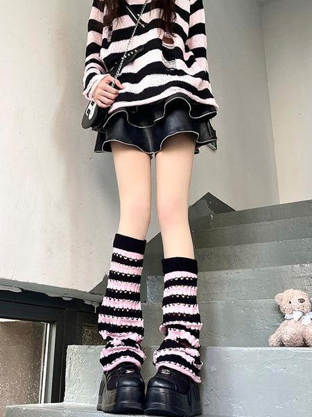 Knitted 3 Colors Design Cut-out Leg Warmers Striped Pattern FashionChic