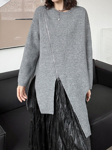 Street Grey Round-neck Zipper Decor Irregular High-low Hem Long Sleeve Sweater AN1067 Genistyle Shop