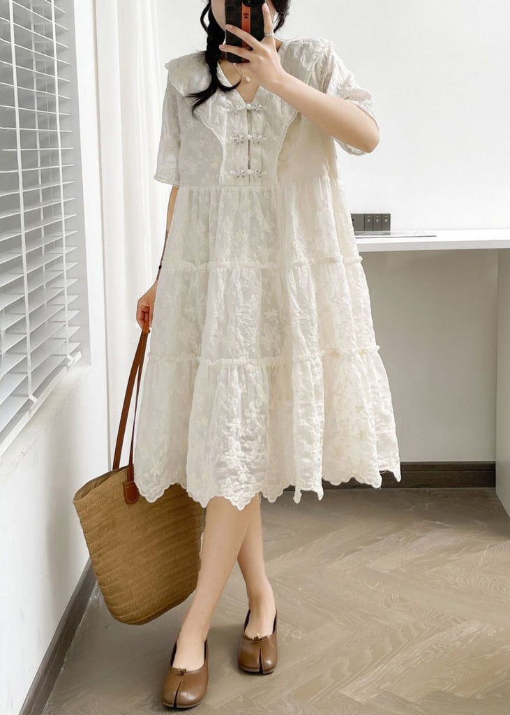 Elegant White V Neck Button Ruffled Cotton Dress Summer NN040 shopify