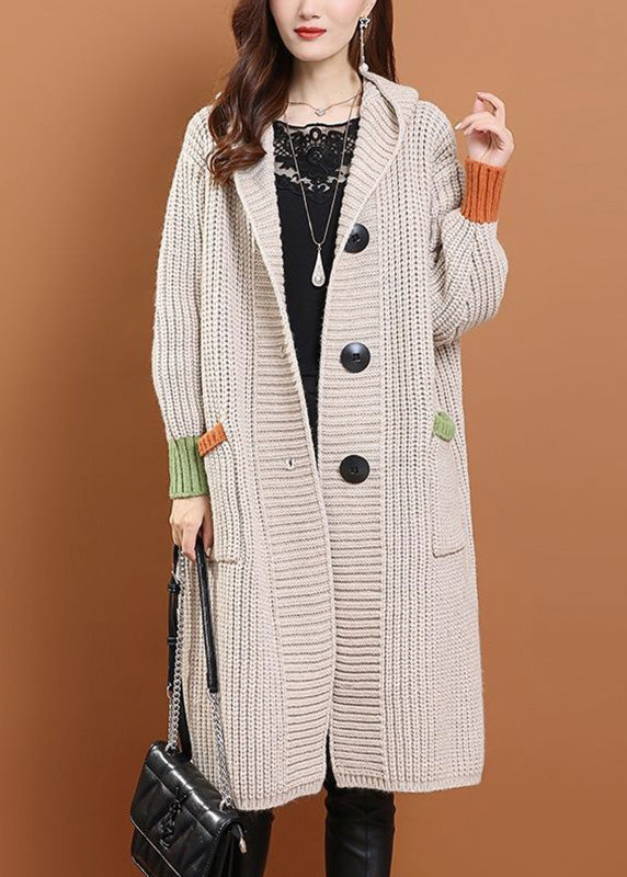 Handmade Grey Pockets Button Cotton Knit Long Hooded Cardigans Winter WD027 OL-NCT241103