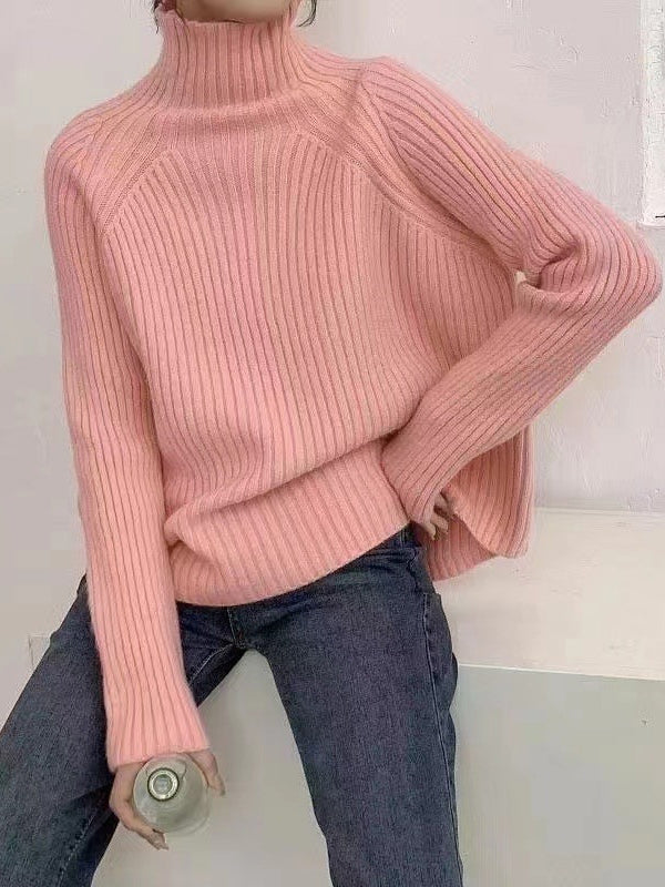 Casual Pink High-Neck Long Sleeve Knit Sweater AN1058 Genistyle Shop