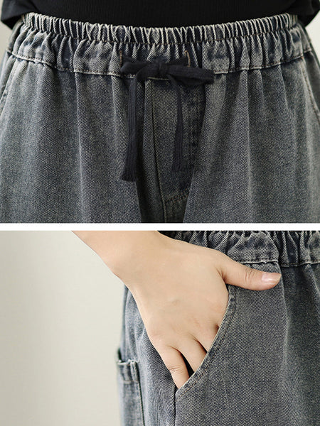 Embroidery Women Retro Autumn Denim Wide-leg Pants FashionChic