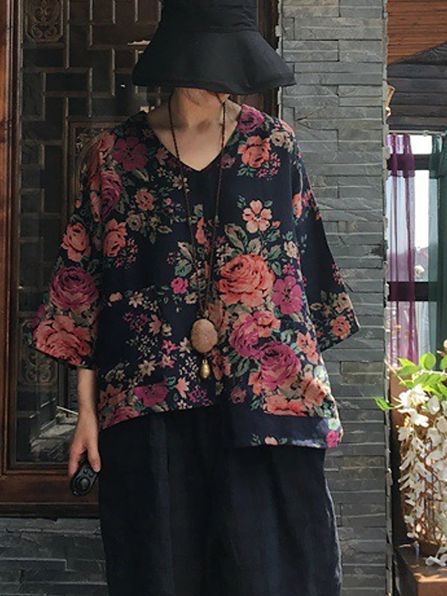 Plus Size Floral V-neck Long Sleeve Cotton Blouse Shirt OO1030 Buykud