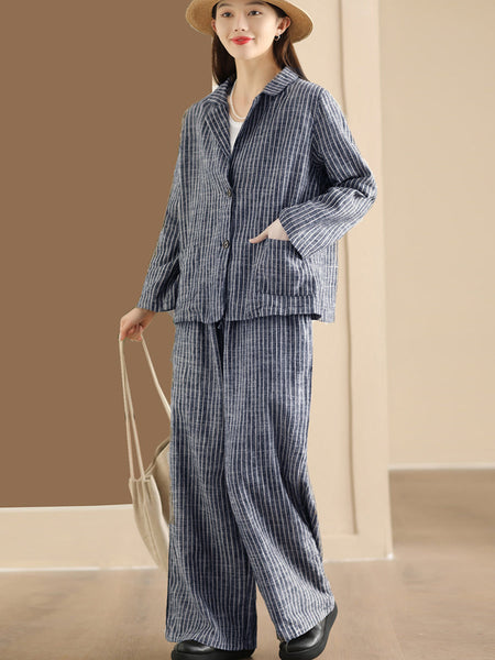 Plus Size Women Vintage Stripe Spring Linen Shirt+Pants II1057 BK