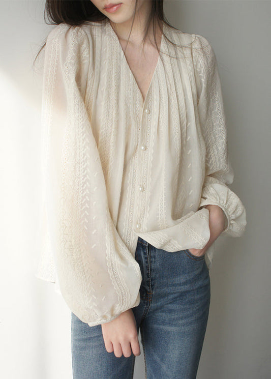 Lantern Art Embroidered Apricot Shirt Chiffon Sleeve FashionChic