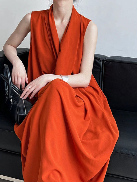 Pockets with Draped Sleeveless Dress Elegant Midi FashionChic