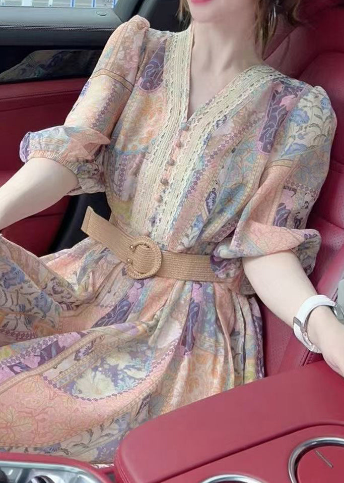 Chic V Neck Print Sashes Mid Dress Half Sleeve QP054 OL-SDM241001