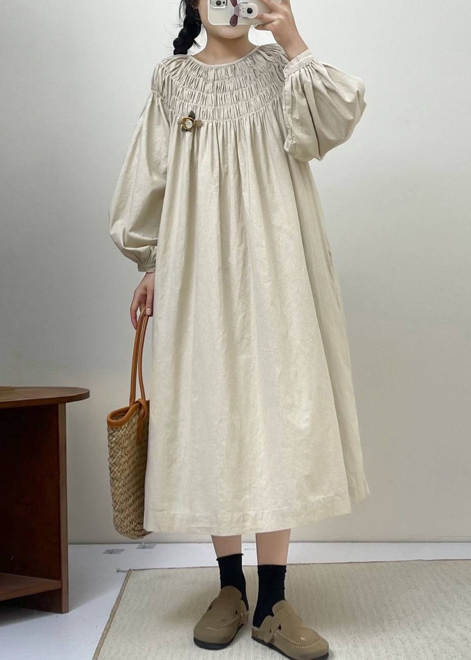 Beige Solid Cotton Dresses Lace Up Long Sleeve NN044 shopify