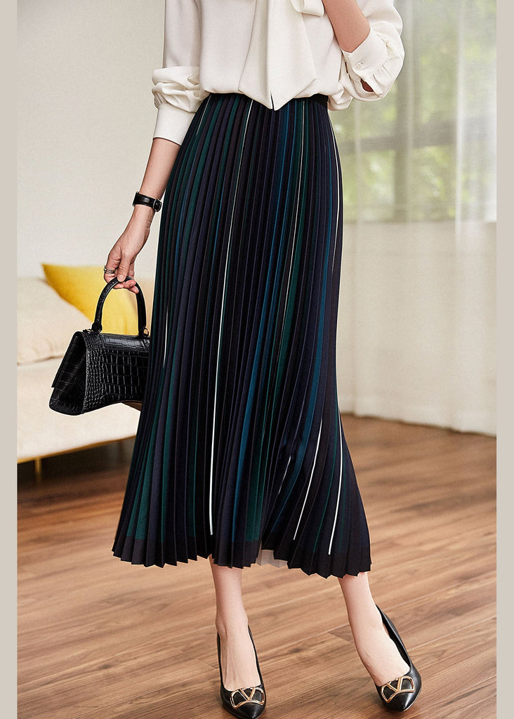 Classy Black Elastic Waist Striped Silk Pleated Skirt Spring AJ1004 shopify