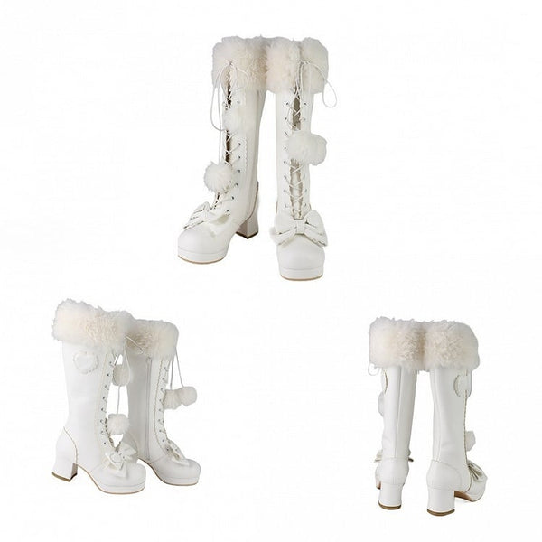 Top Boots Embellishments Lace+Zip System Bow - with Lolita Cuff Plush Knee-High White Sweet FashionChic