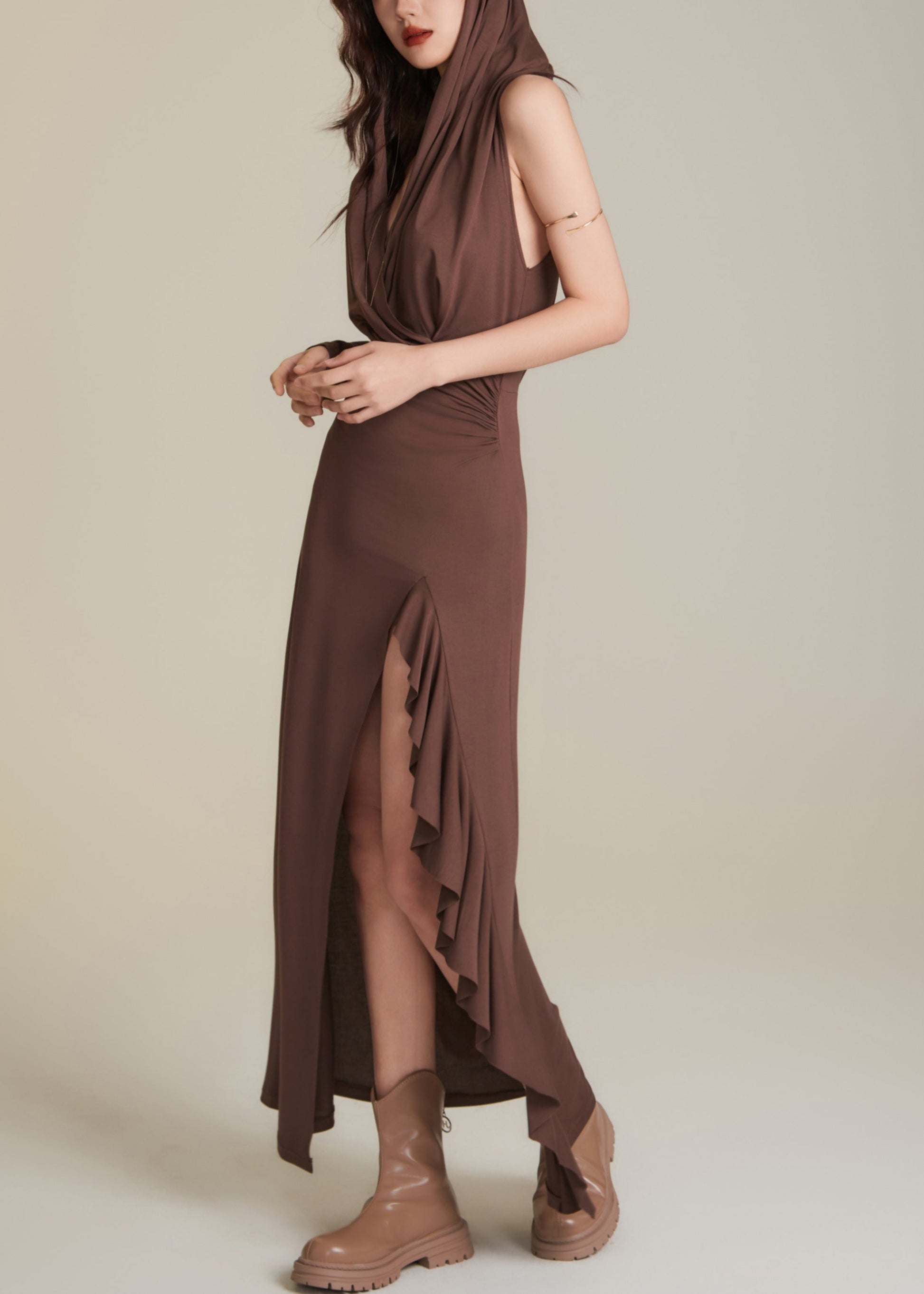 Sexy Chocolate Wrinkled Patchwork Holiday Hoode Long Dress Sleeveless AJ1015 shopify