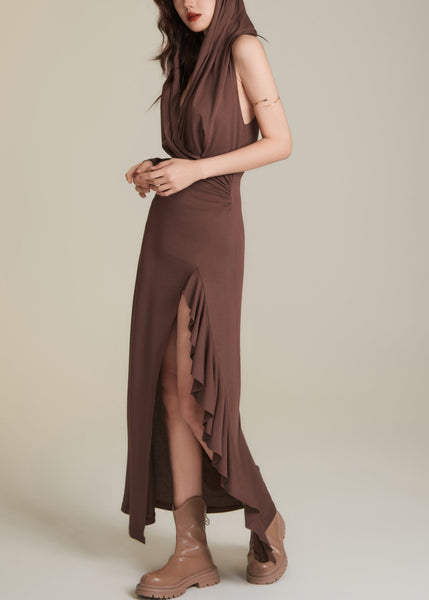 Sexy Chocolate Wrinkled Patchwork Holiday Hoode Long Dress Sleeveless AJ1015 shopify