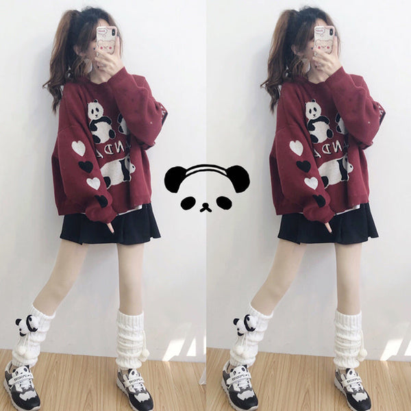 Decorated Cable Leg Warmers Black Pom-Pom Panda White Creamy Brooch + Knit Set / FashionChic
