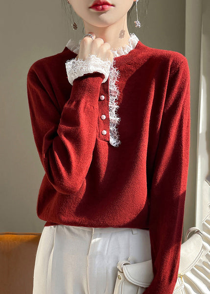 Chic Red Lace Patchwork Wool Knit Sweaters Fall QP065 OL-NTP241001