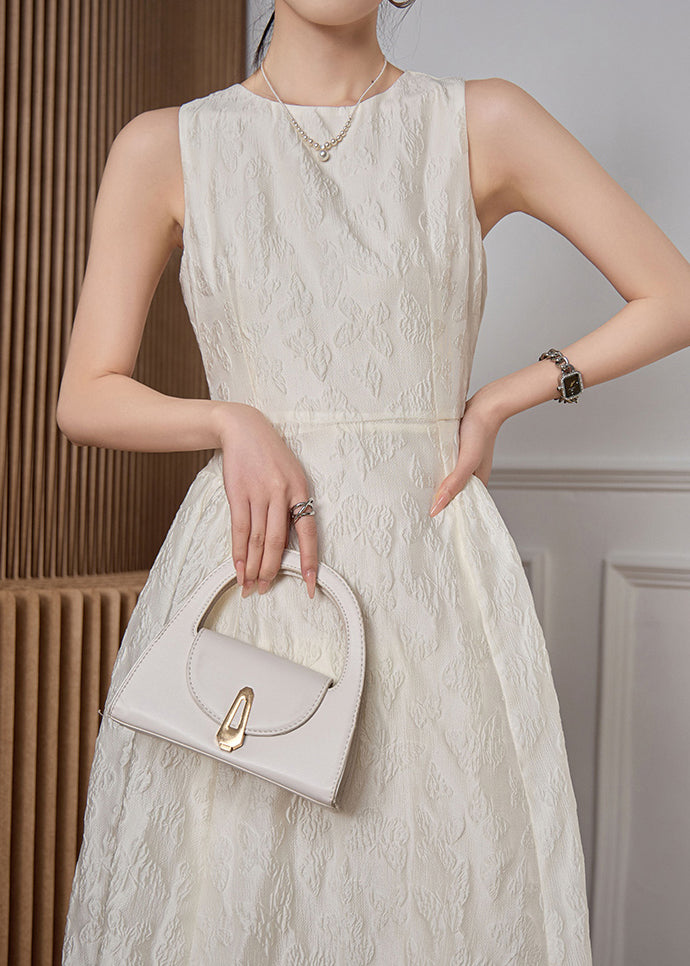 High White Dresses Waist O-Neck Sleeveless Jacquard Long Cotton FashionChic