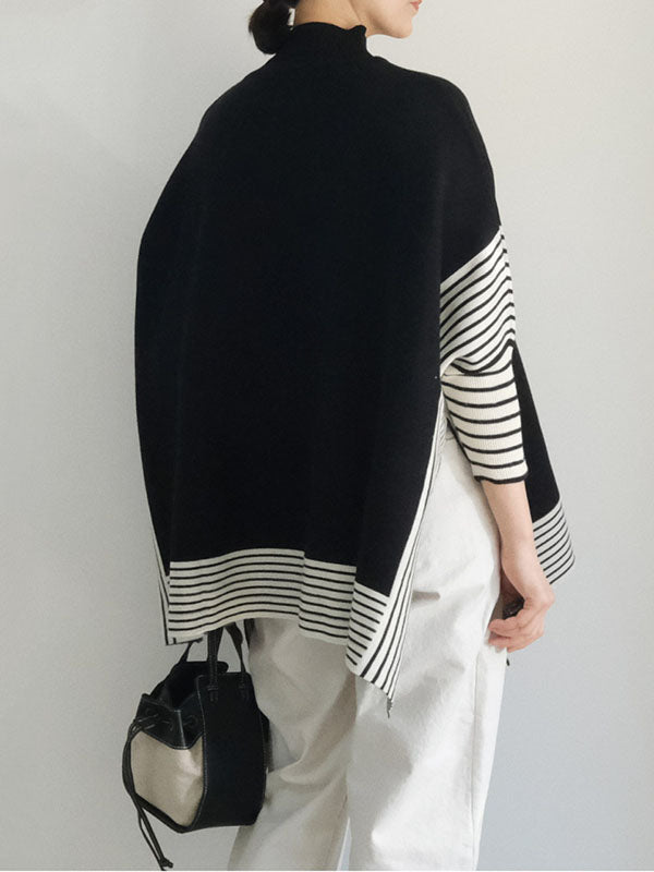 Design Loose High Neck Split-Side Striped Batwing Sleeve Sweater QX010 shopify