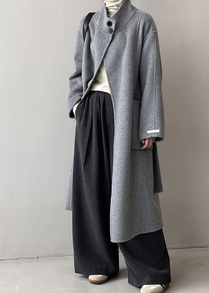 Italian Grey Stand Collar Pockets Tie Waist Woolen Coat Fall AF1099 HS-CTS240914
