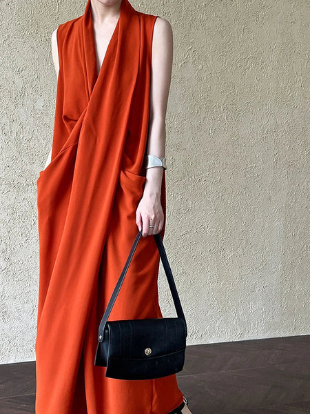 Pockets with Draped Sleeveless Dress Elegant Midi FashionChic