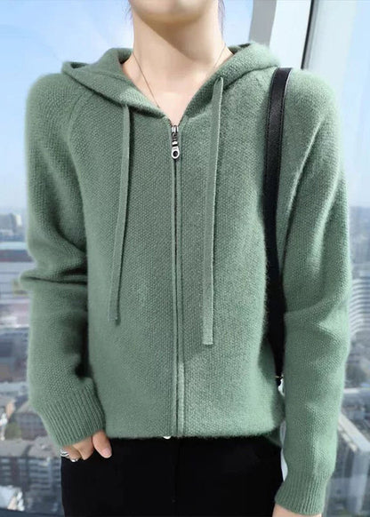 Elegant Beige Hooded Zippered Solid Cotton Knit Coat Fall QX027 shopify