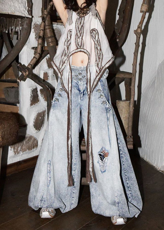 Pants Spring Wide Blue Leg Denim Style Light Waist High Ripped FashionChic