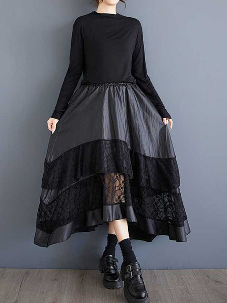 Goth Black Elasticity Layered Irregular Hem Patchwork Lace A-Line Skirt TW023 ABC