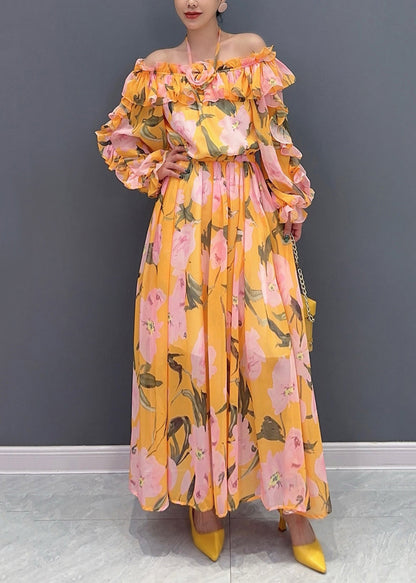 Fashion Blue Cold Shoulder Ruffled Patchwork Chiffon Dresses Long Sleeve AO1008 JDML-FDL240909