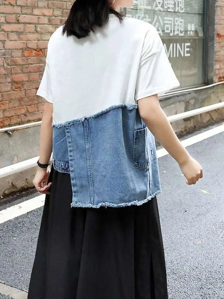 Denim Street Patchwork Sleeve White Short T-Shirt O-neck Hem FashionChic