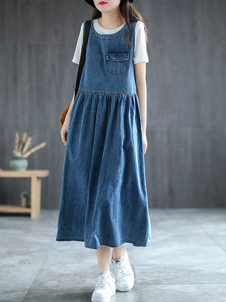 Plus Size Denim Pleated Long Sleeveless Pinafore Dress AI1083 Buykud