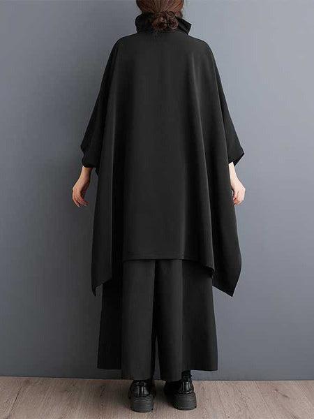 Simple Loose Black Mock Neck With Zipper Buttoned Pockets Batwing Sleeves Sweatshirt WS016 shopify