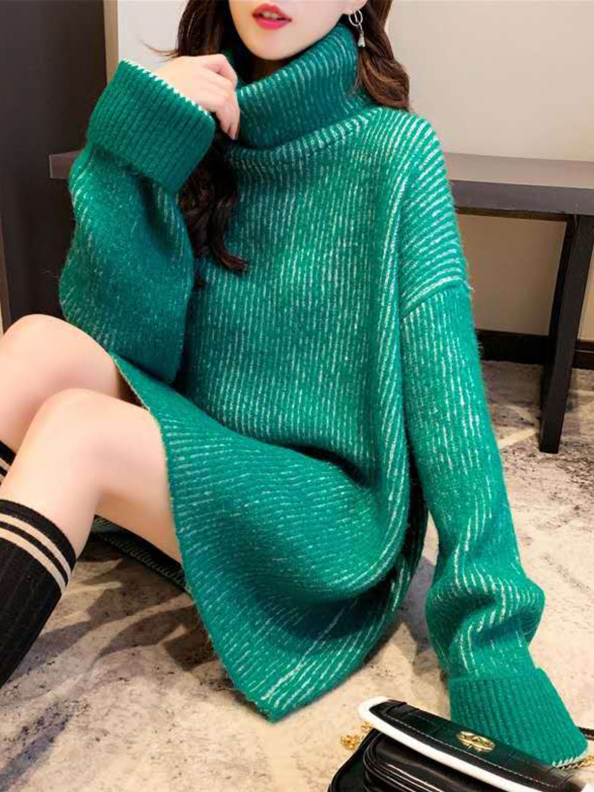 Design Loose Blue Contrast Color High-Neck Long Sleeve Sweater AN1054 Genistyle Shop