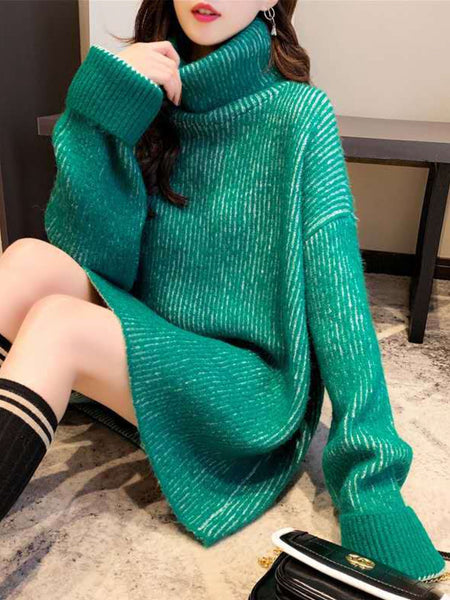 Design Loose Blue Contrast Color High-Neck Long Sleeve Sweater AN1054 Genistyle Shop