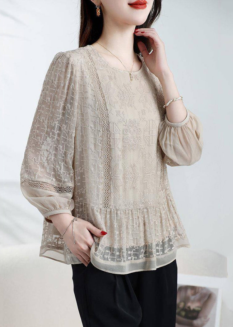 Loose Coffee O-Neck Embroidered Patchwork Silk Top Bracelet Sleeve WD025 OL-LTP241103